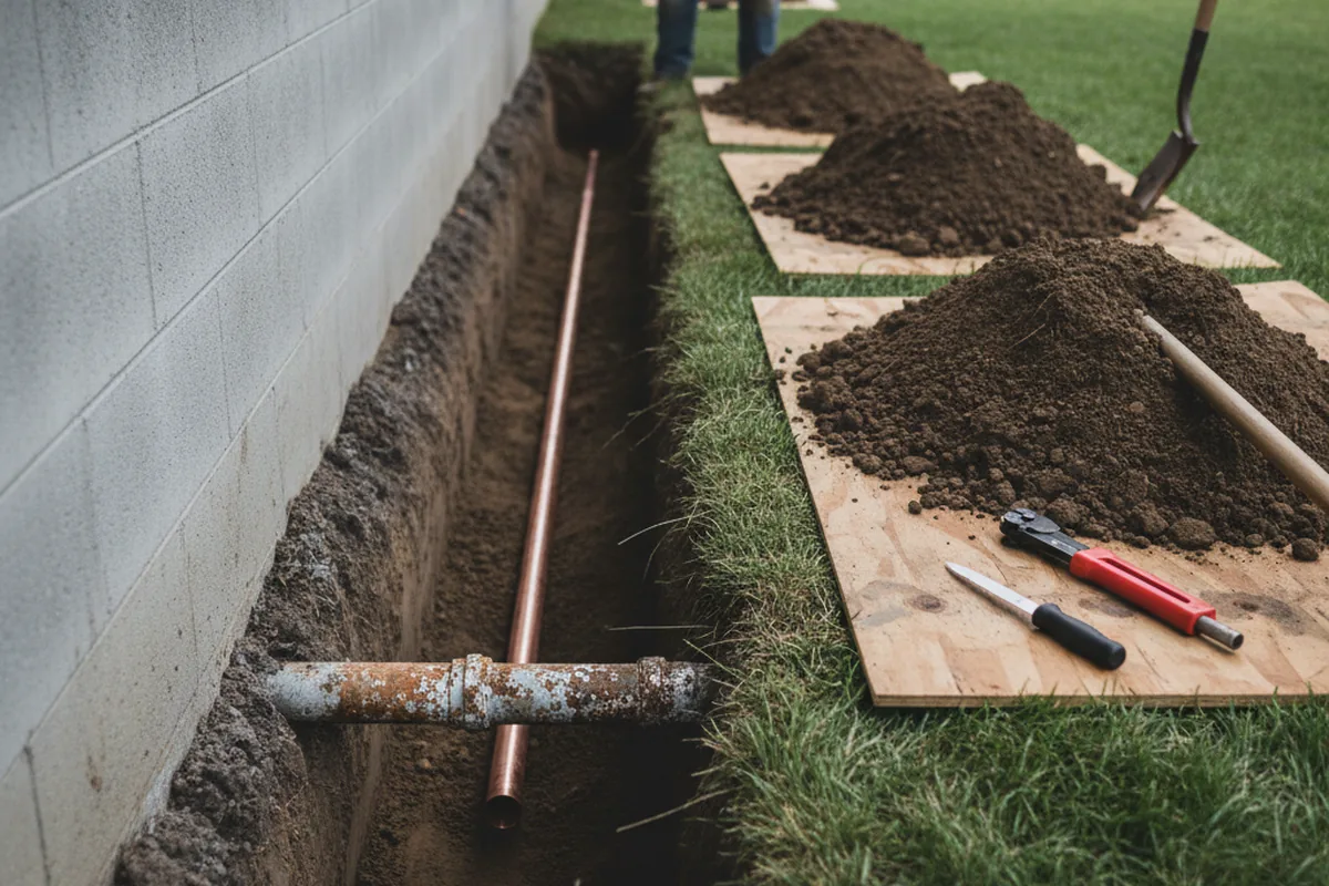 Excavated water line trench during Sewer Line Repair in Friendsville